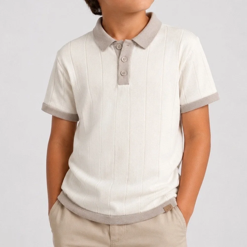 Abercrombie Kids Boys 15/16 Cream Ribbed Knit Short Sleeve Sweater Polo Tan Trim